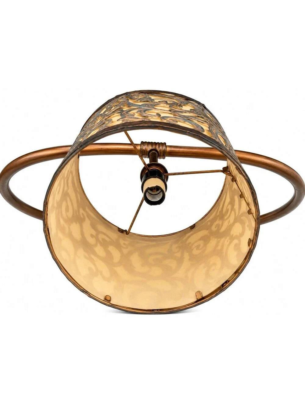 Vintage Metal Hoop Table Lamp Scrollwork Drum Shade Bronze 22” Boho Decor